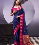 Navy blue smooth poly cotton zari weaving work saree