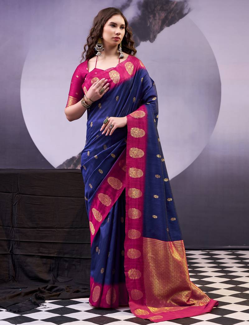 Navy blue smooth poly cotton zari weaving work saree