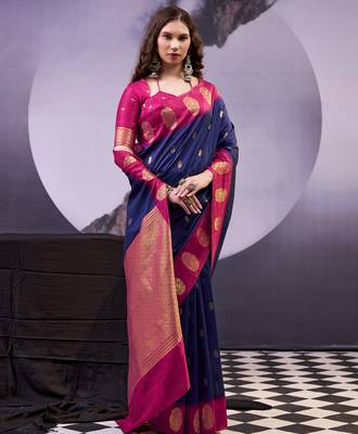 Navy blue smooth poly cotton zari weaving work saree 2