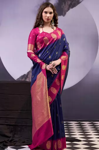 Navy blue smooth poly cotton zari weaving work saree