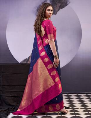 Navy blue smooth poly cotton zari weaving work saree 3