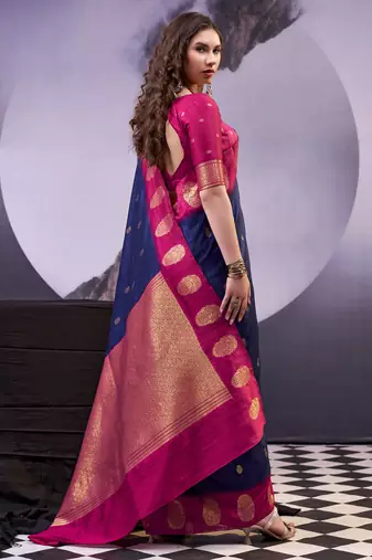 Navy blue smooth poly cotton zari weaving work saree