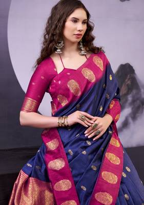 Navy blue smooth poly cotton zari weaving work saree 4