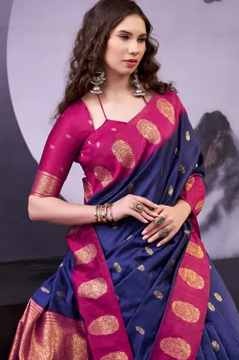 Navy blue smooth poly cotton zari weaving work saree
