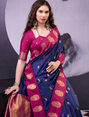 Navy blue smooth poly cotton zari weaving work saree 5