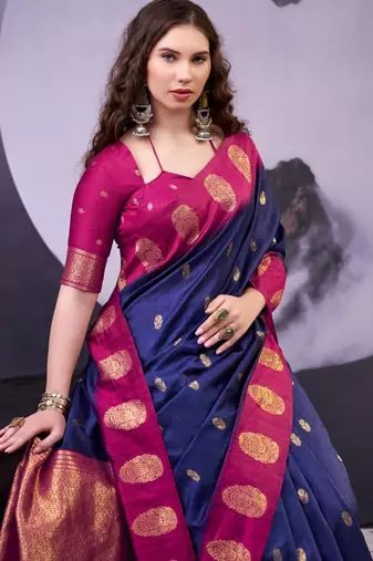 Navy blue smooth poly cotton zari weaving work saree