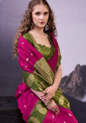 Pink smooth poly cotton zari weaving work saree 4