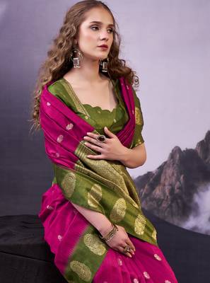 Pink smooth poly cotton zari weaving work saree 5
