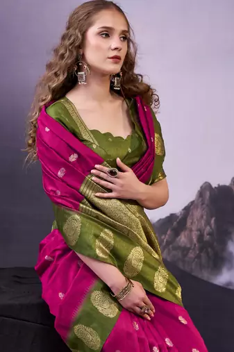 Pink smooth poly cotton zari weaving work saree