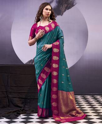 Teal smooth poly cotton zari weaving work saree 1