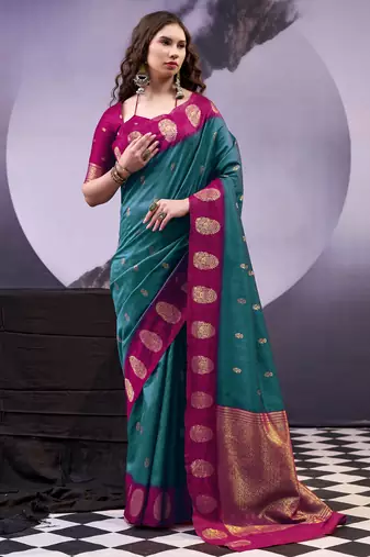 Teal smooth poly cotton zari weaving work saree