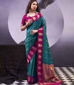 Teal smooth poly cotton zari weaving work saree