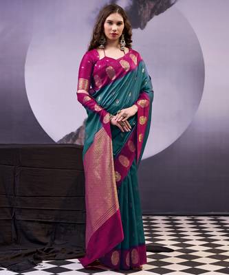 Teal smooth poly cotton zari weaving work saree 2