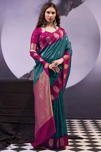 Teal smooth poly cotton zari weaving work saree