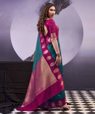 Teal smooth poly cotton zari weaving work saree 3