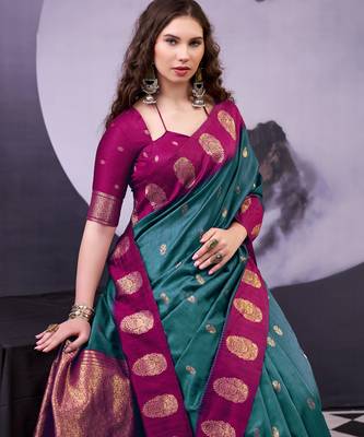 Teal smooth poly cotton zari weaving work saree 5