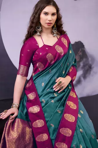Teal smooth poly cotton zari weaving work saree