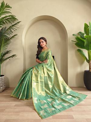 Rama green art silk  woven saree 4