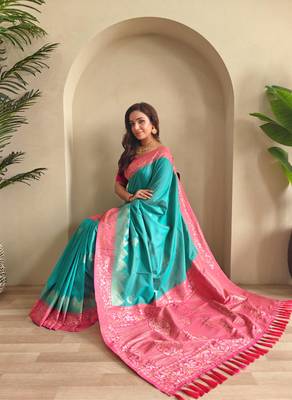 Rama green art silk  woven saree 4