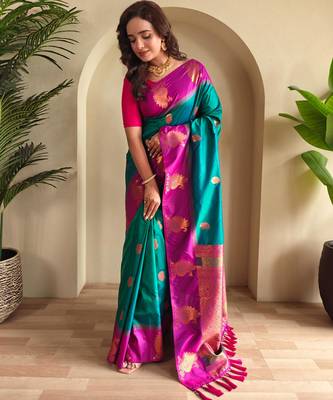 Rama green art silk  woven saree 2