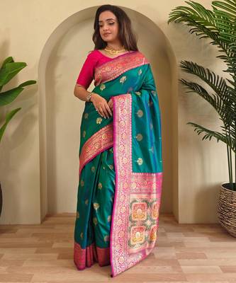 Rama green art silk  woven saree 1