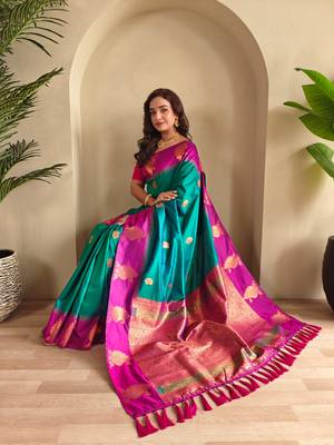 Rama green art silk  woven saree 4