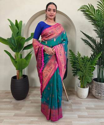 Rama green art silk  woven saree 2