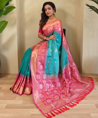 Rama green art silk  woven saree 4