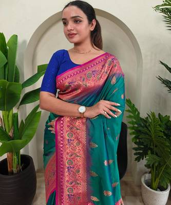 Rama green art silk  woven saree 4