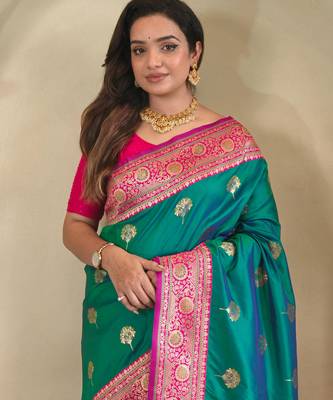 Rama green art silk  woven saree 4