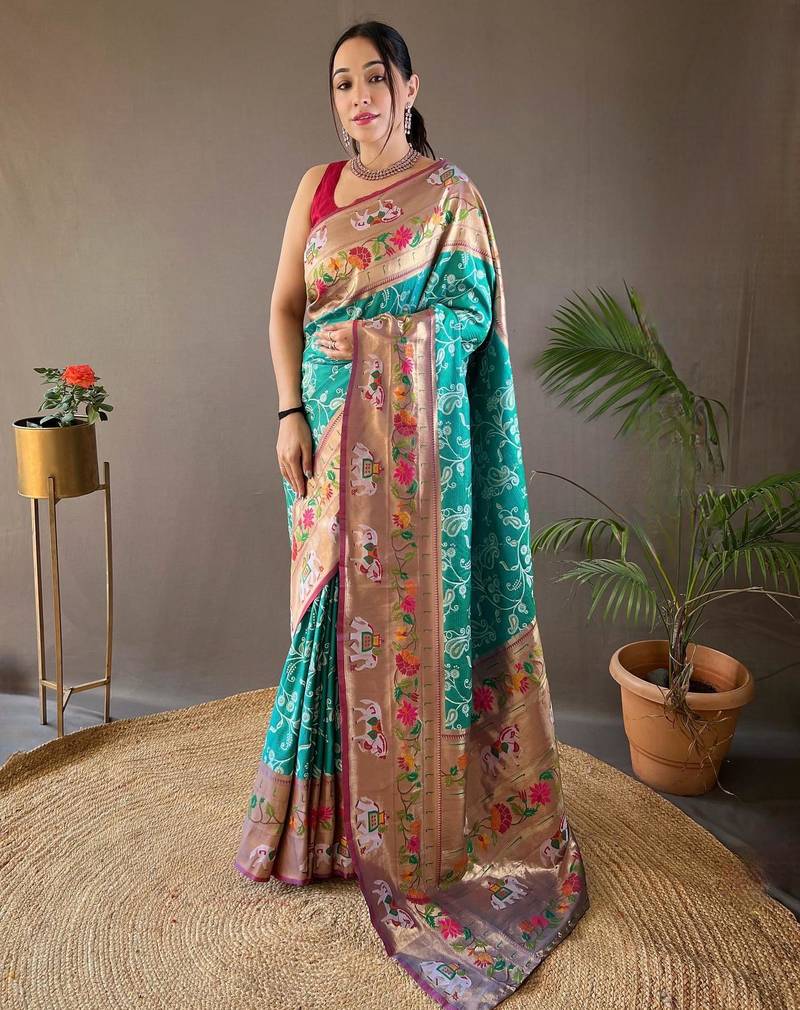 Rama green art silk  woven saree