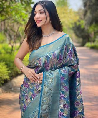 Rama green art silk  woven saree 3
