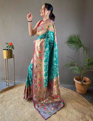 Rama green art silk  woven saree 2