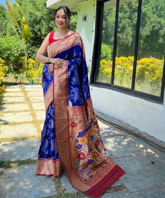 Blue art silk  woven saree 1