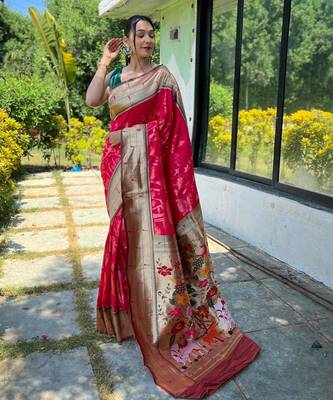 Pink art silk  woven saree 1