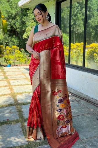 Red art silk  woven saree