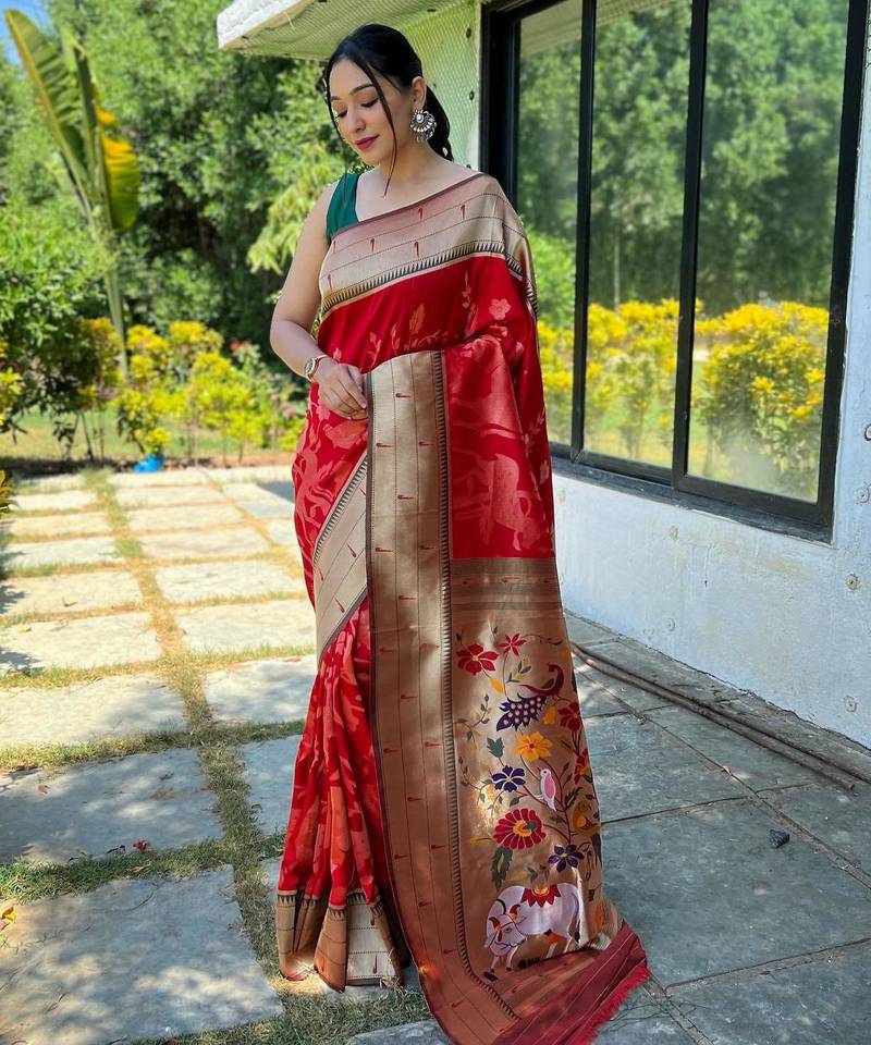 Red art silk  woven saree