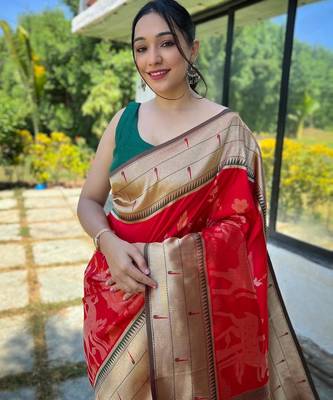 Red art silk  woven saree 2