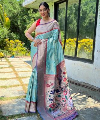Sky blue art silk  woven saree 1