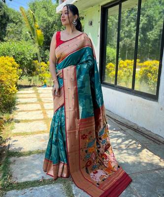 Teal art silk  woven saree 1