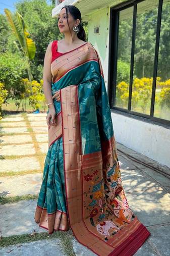 Teal art silk  woven saree