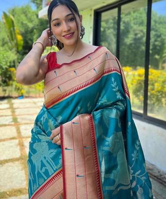 Teal art silk  woven saree 2