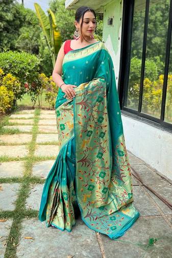Teal art silk  woven saree