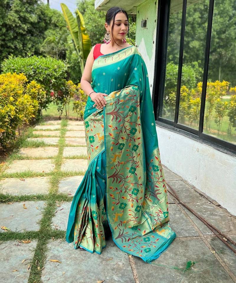 Teal art silk  woven saree