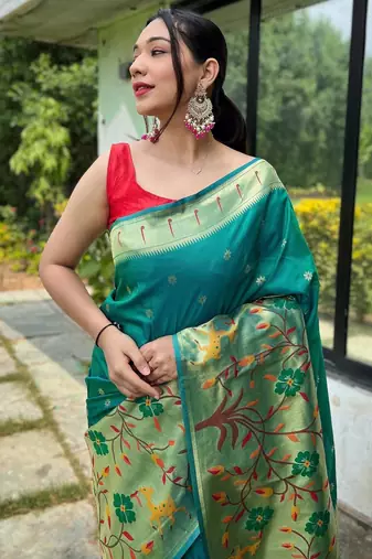 Teal art silk  woven saree