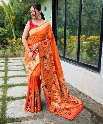 Orange art silk  woven saree 1