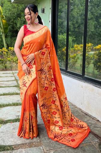 Orange art silk  woven saree