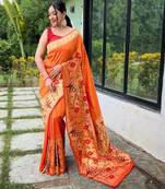 Orange art silk  woven saree