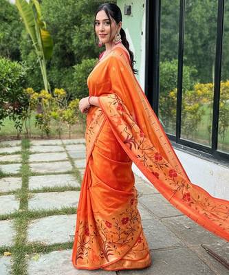 Orange art silk  woven saree 2