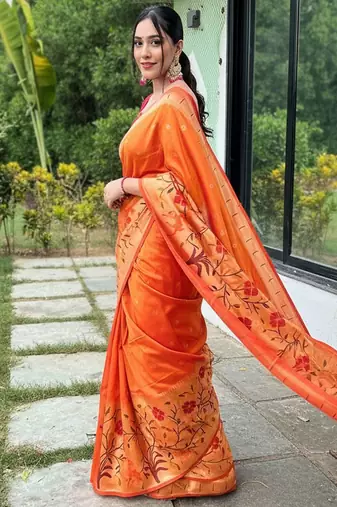 Orange art silk  woven saree